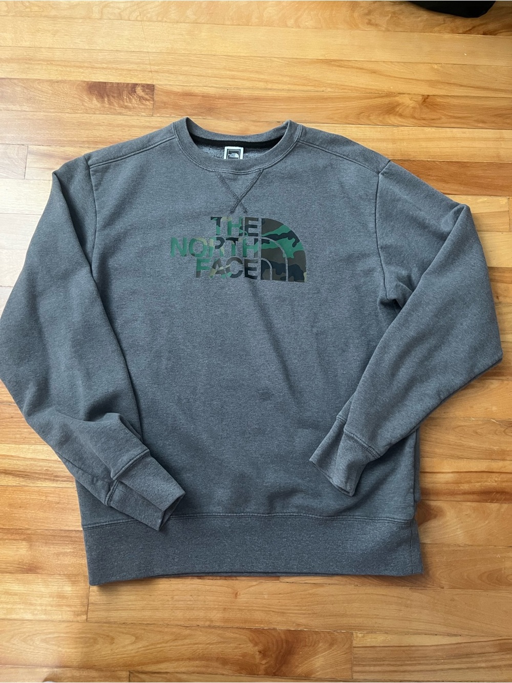 The North Face Men's Charcoal Gray Crewneck with Green Camo Logo